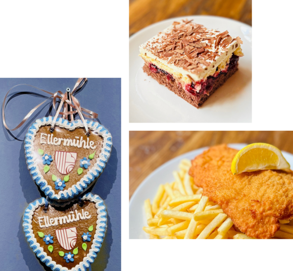 Lebkuchenherzen, Kuchen und Schnitzel mit Pommes im Biergarten Ellermühle